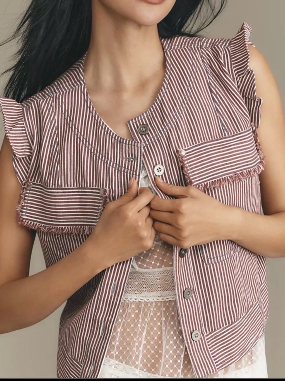 Pilcro Red and White Striped Ruffle Sleeve Button-Front Top from Anthropologie